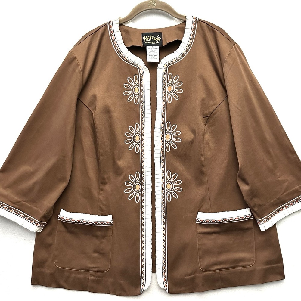 Bob Mackie Wearable Art 1X Brown Embroidered Ruffle‎ Jacket Western Aztec